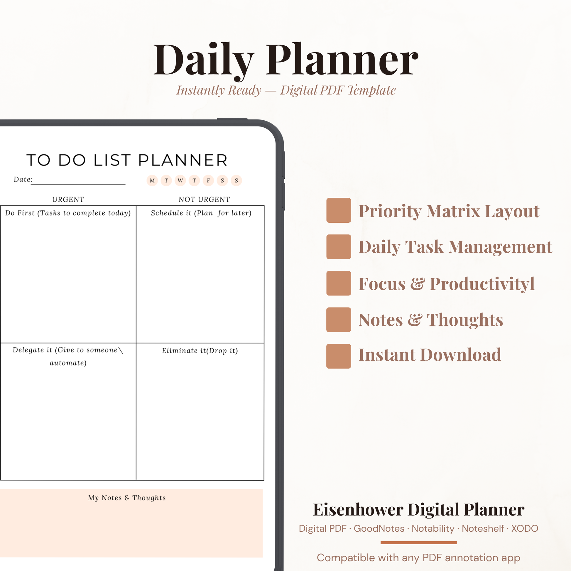 Digital Eisenhower Matrix Planner PDF for iPad - Do First Schedule Delegate Eliminate GoodNotes Instant Download