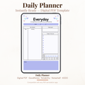 Everyday undated daily digital planner PDF template displayed on an iPad, featuring a daily schedule, to-do list, water intake tracker, mood tracker, and notes section in a soft purple and pastel color palette, compatible with GoodNotes, Notability, Noteshelf, and XODO