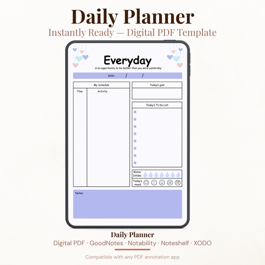 Everyday undated daily digital planner PDF template displayed on an iPad, featuring a daily schedule, to-do list, water intake tracker, mood tracker, and notes section in a soft purple and pastel color palette, compatible with GoodNotes, Notability, Noteshelf, and XODO