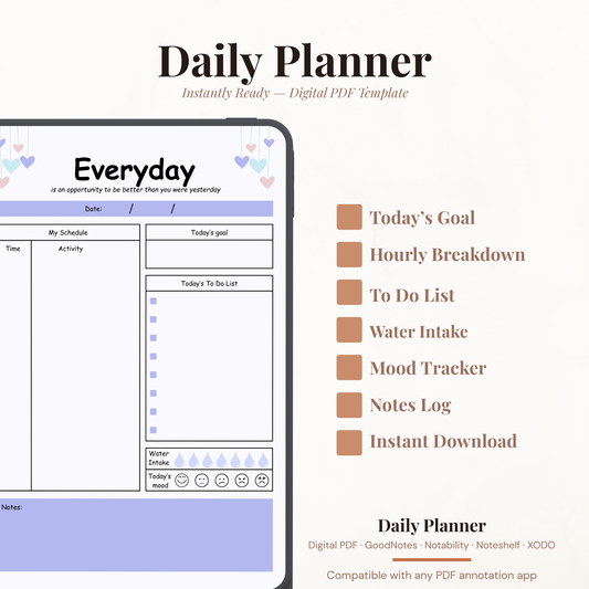 Everyday undated daily digital planner PDF template displayed on an iPad, featuring a daily schedule, to-do list, water intake tracker, mood tracker, and notes section in a soft purple and pastel color palette, compatible with GoodNotes, Notability, Noteshelf, and XODO