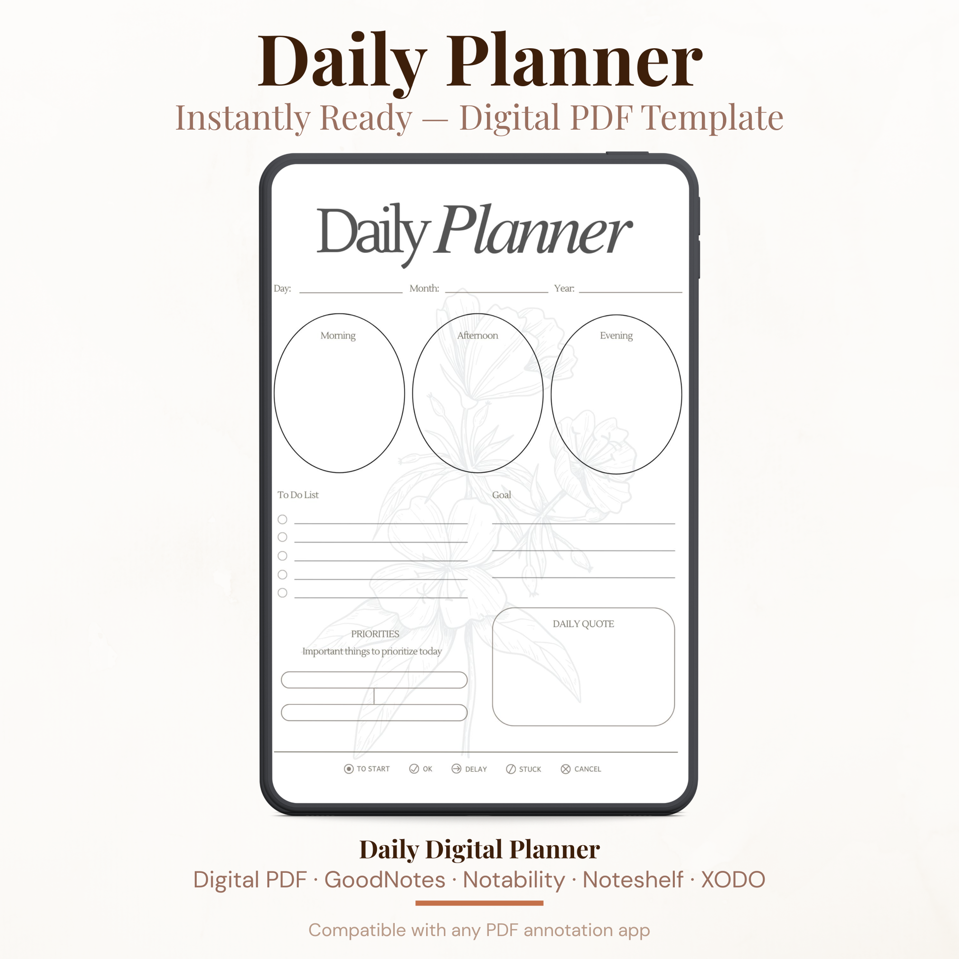 Floral Digital Daily Planner PDF for iPad - Morning Afternoon Evening To Do List Daily Quote GoodNotes Instant Download
