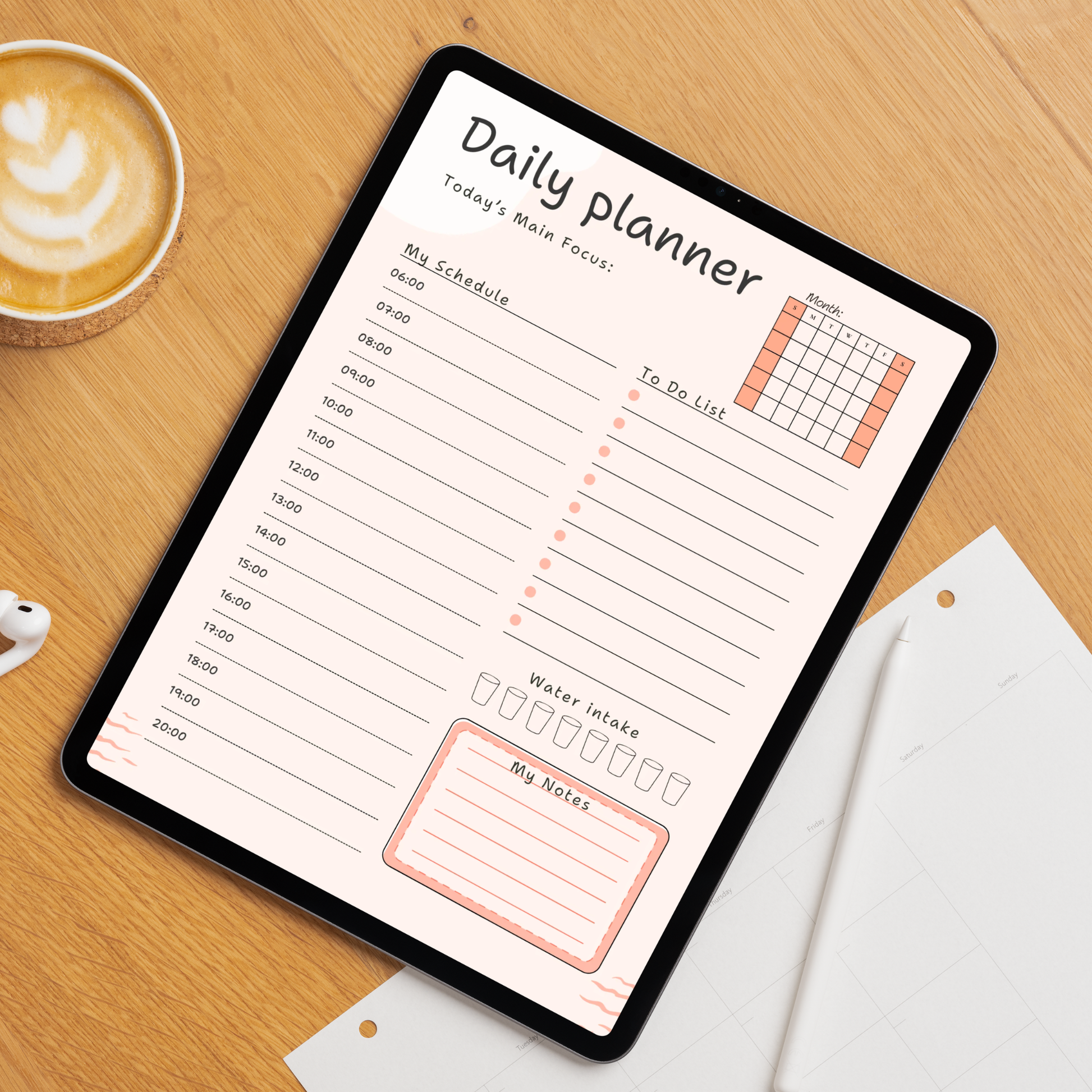 Undated digital hourly daily and weekly planner PDF bundle shown side by side on two iPads with a clean minimal design in warm peach and blush tones, the daily planner featuring a month mini calendar, today's main focus field, hourly schedule from 06:00 to 20:00, to do list with checkboxes, water intake tracker with eight glasses, and a notes section, and the weekly planner featuring a month mini calendar, this week's main focus field, daily schedule sections for Sunday through Saturday.