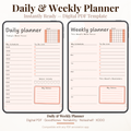 Undated digital hourly daily and weekly planner PDF bundle shown side by side on two iPads with a clean minimal design in warm peach and blush tones, the daily planner featuring a month mini calendar, today's main focus field, hourly schedule from 06:00 to 20:00, to do list with checkboxes, water intake tracker with eight glasses, and a notes section, and the weekly planner featuring a month mini calendar, this week's main focus field, daily schedule sections for Sunday through Saturday.