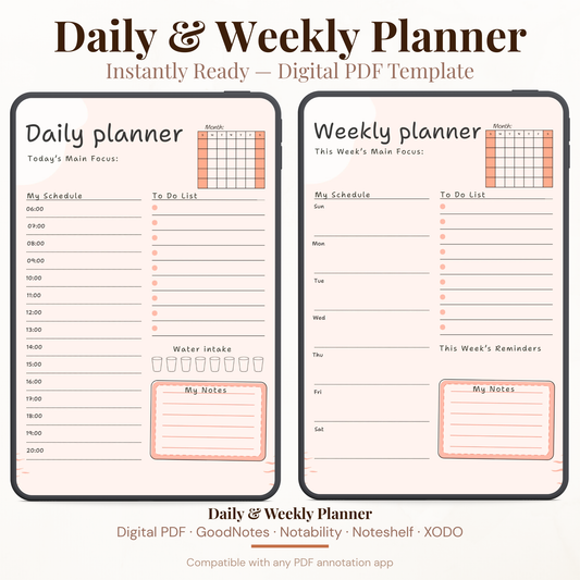 Undated digital hourly daily and weekly planner PDF bundle shown side by side on two iPads with a clean minimal design in warm peach and blush tones, the daily planner featuring a month mini calendar, today's main focus field, hourly schedule from 06:00 to 20:00, to do list with checkboxes, water intake tracker with eight glasses, and a notes section, and the weekly planner featuring a month mini calendar, this week's main focus field, daily schedule sections for Sunday through Saturday.