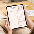 Undated digital hourly daily and weekly planner PDF bundle shown side by side on two iPads with a clean minimal design in warm peach and blush tones, the daily planner featuring a month mini calendar, today's main focus field, hourly schedule from 06:00 to 20:00, to do list with checkboxes, water intake tracker with eight glasses, and a notes section, and the weekly planner featuring a month mini calendar, this week's main focus field, daily schedule sections for Sunday through Saturday.