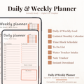 Undated digital hourly daily and weekly planner PDF bundle shown side by side on two iPads with a clean minimal design in warm peach and blush tones, the daily planner featuring a month mini calendar, today's main focus field, hourly schedule from 06:00 to 20:00, to do list with checkboxes, water intake tracker with eight glasses, and a notes section, and the weekly planner featuring a month mini calendar, this week's main focus field, daily schedule sections for Sunday through Saturday.