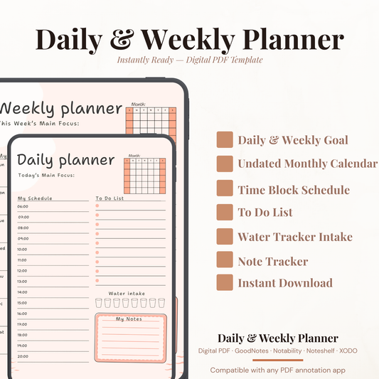 Undated digital hourly daily and weekly planner PDF bundle shown side by side on two iPads with a clean minimal design in warm peach and blush tones, the daily planner featuring a month mini calendar, today's main focus field, hourly schedule from 06:00 to 20:00, to do list with checkboxes, water intake tracker with eight glasses, and a notes section, and the weekly planner featuring a month mini calendar, this week's main focus field, daily schedule sections for Sunday through Saturday.