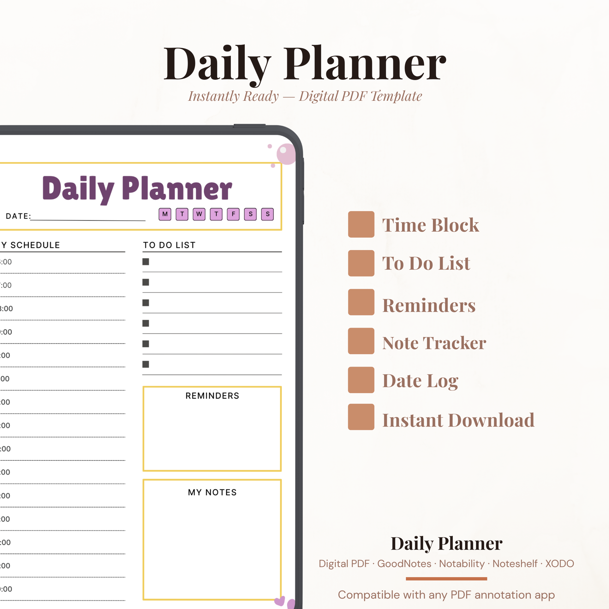 Digital daily planner PDF template with hourly schedule to-do list reminders and notes compatible with GoodNotes Notability XODO.