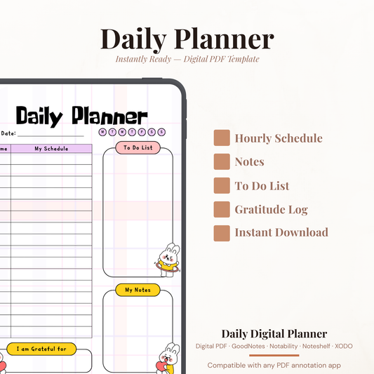 Kawaii Bunny Digital Daily Planner PDF for iPad - Schedule To Do List Gratitude GoodNotes Instant Download