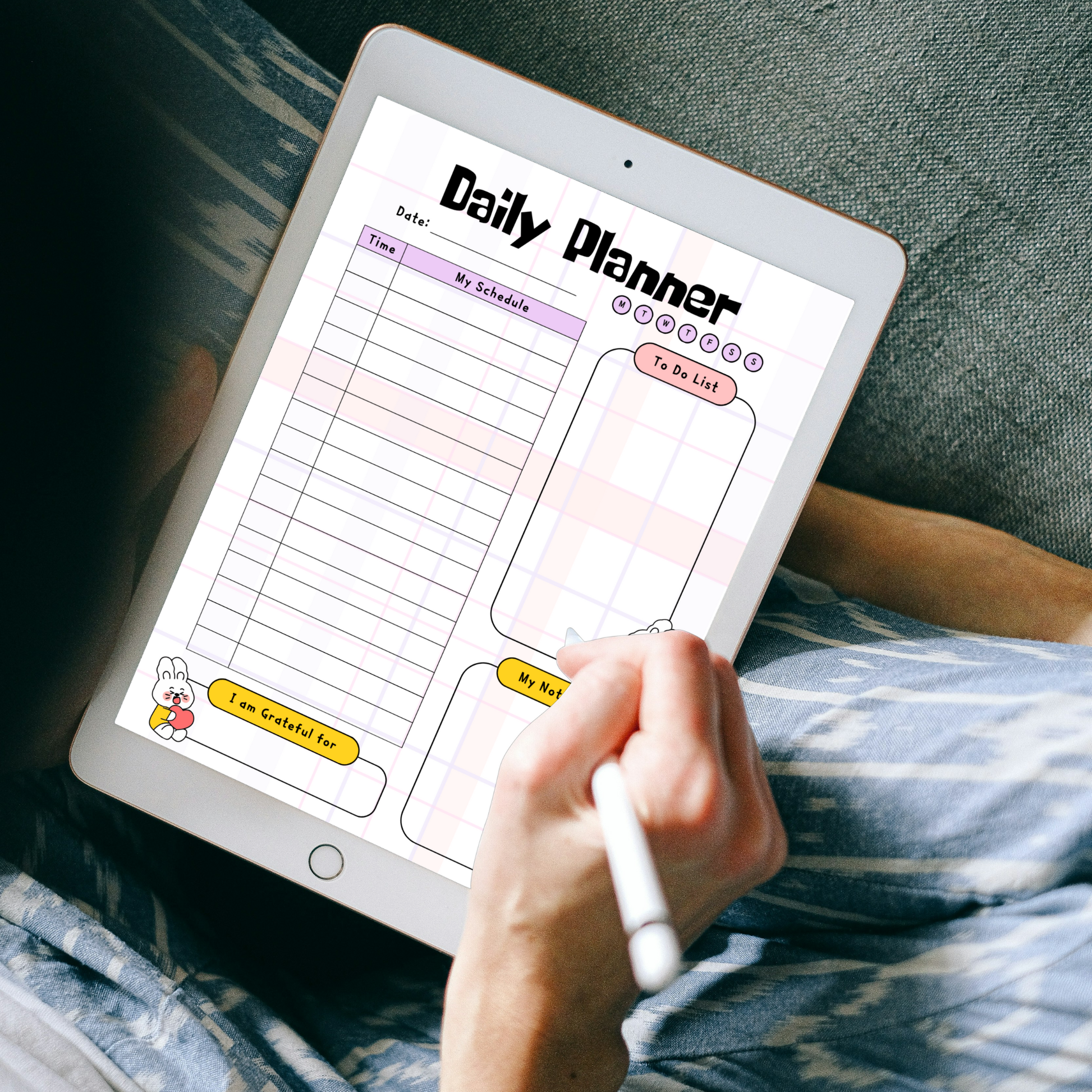 Kawaii Bunny Digital Daily Planner PDF for iPad - Schedule To Do List Gratitude GoodNotes Instant Download
