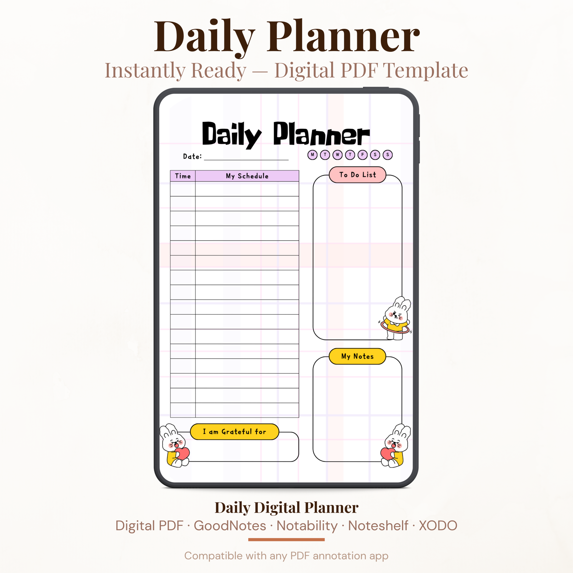 Kawaii Bunny Digital Daily Planner PDF for iPad - Schedule To Do List Gratitude GoodNotes Instant Download