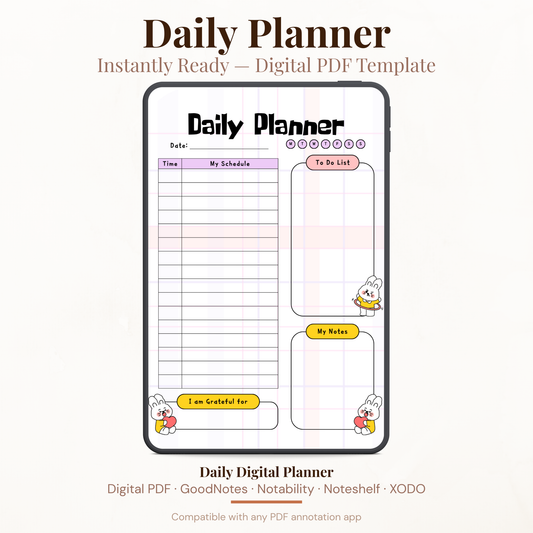Kawaii Bunny Digital Daily Planner PDF for iPad - Schedule To Do List Gratitude GoodNotes Instant Download