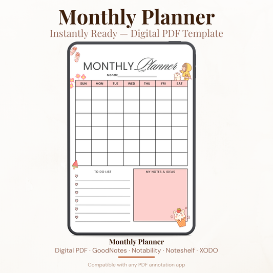 Kawaii undated digital monthly planner PDF template shown on an iPad with a cute peach and pink design featuring summer and dessert illustrations, including a full monthly calendar grid, to do list with heart checkboxes, and a my notes and ideas section — compatible with GoodNotes, Notability, Noteshelf, XODO, Samsung Notes, and Kindle Scribe.