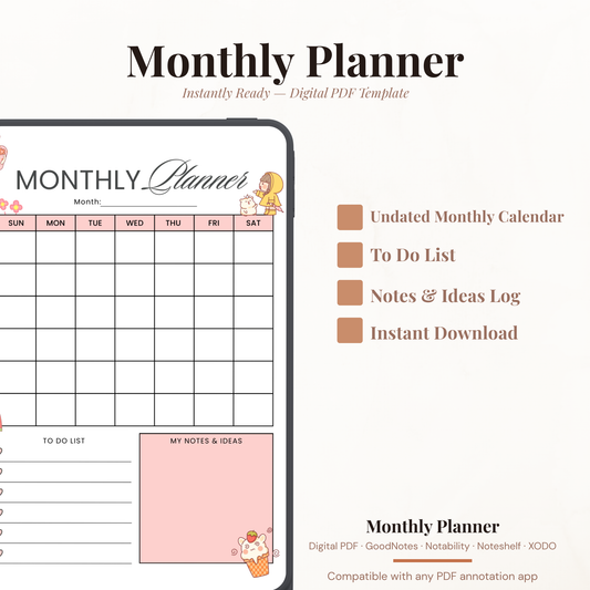 Kawaii undated digital monthly planner PDF template shown on an iPad with a cute peach and pink design featuring summer and dessert illustrations, including a full monthly calendar grid, to do list with heart checkboxes, and a my notes and ideas section — compatible with GoodNotes, Notability, Noteshelf, XODO, Samsung Notes, and Kindle Scribe.