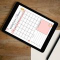 Kawaii undated digital monthly planner PDF template shown on an iPad with a cute peach and pink design featuring summer and dessert illustrations, including a full monthly calendar grid, to do list with heart checkboxes, and a my notes and ideas section — compatible with GoodNotes, Notability, Noteshelf, XODO, Samsung Notes, and Kindle Scribe.