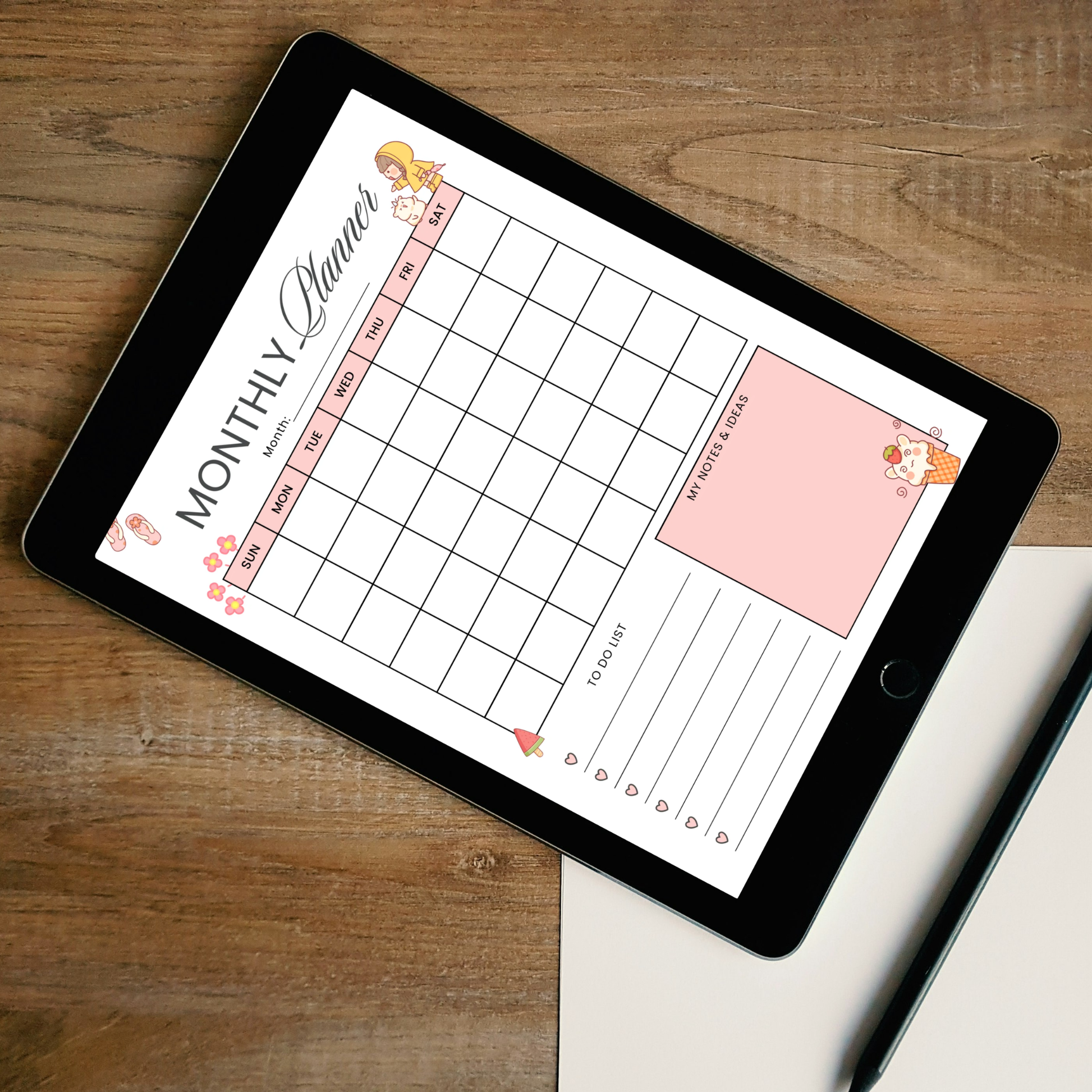 Kawaii undated digital monthly planner PDF template shown on an iPad with a cute peach and pink design featuring summer and dessert illustrations, including a full monthly calendar grid, to do list with heart checkboxes, and a my notes and ideas section — compatible with GoodNotes, Notability, Noteshelf, XODO, Samsung Notes, and Kindle Scribe.