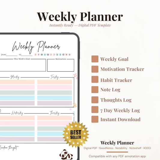 Kawaii Panda Digital Weekly Planner PDF for iPad - 7 Day Schedule Weekly Goal Habit Tracker GoodNotes Instant Download