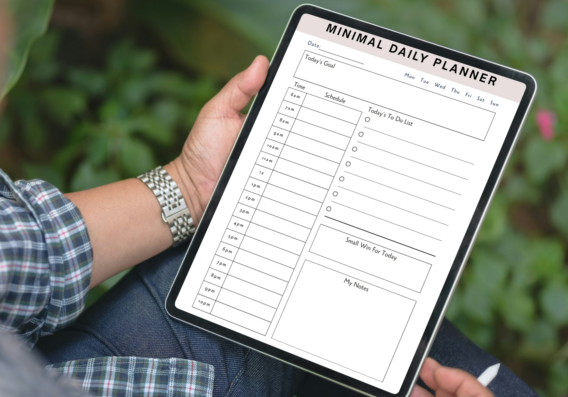 Minimal digital daily planner PDF with hourly schedule to-do list small win tracker and notes for GoodNotes Notability iPad.