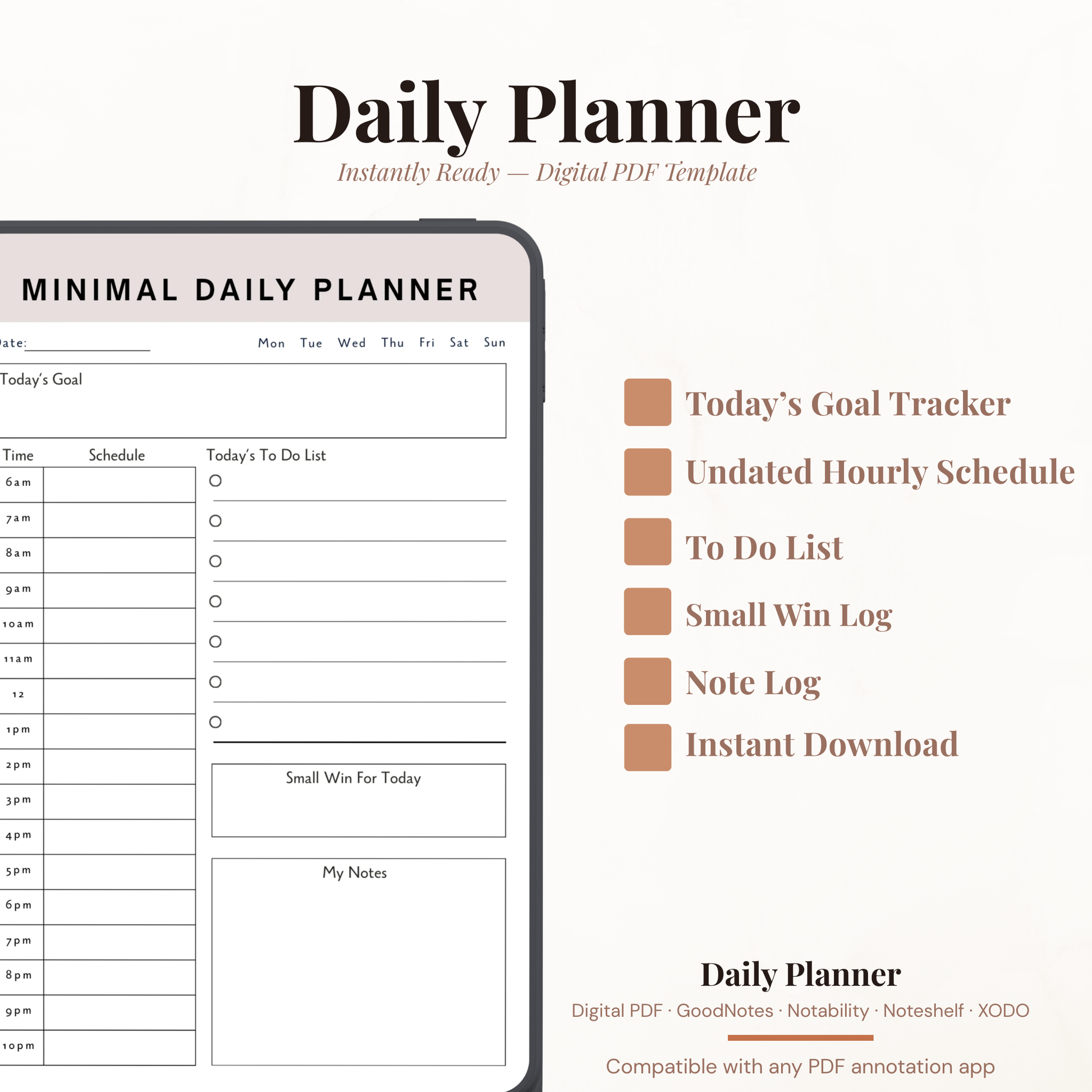 Minimal digital daily planner PDF with hourly schedule to-do list small win tracker and notes for GoodNotes Notability iPad.