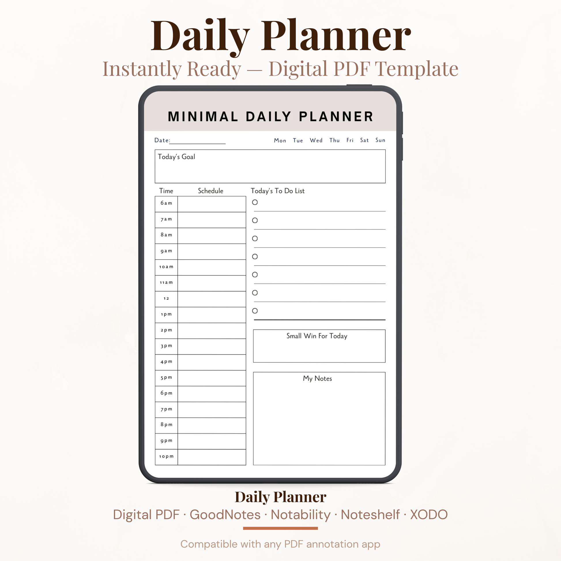 Minimal digital daily planner PDF with hourly schedule to-do list small win tracker and notes for GoodNotes Notability iPad.
