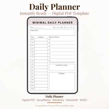 Minimal digital daily planner PDF with hourly schedule to-do list small win tracker and notes for GoodNotes Notability iPad.