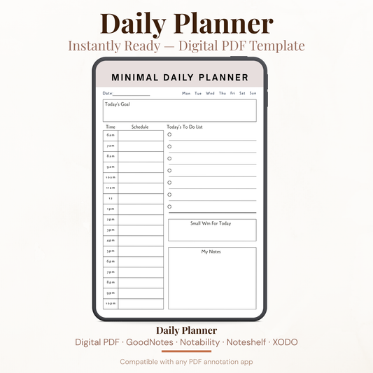 Minimal digital daily planner PDF with hourly schedule to-do list small win tracker and notes for GoodNotes Notability iPad.