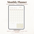 Undated digital minimalist monthly planner PDF template shown on an iPad with a soft neutral beige and warm cream design featuring gold star accents and a botanical illustration, including a full monthly calendar grid with rounded day boxes in Monday through Sunday layout, a top priorities section with five numbered slots, and a notes section — compatible with GoodNotes, Notability, Noteshelf, XODO, Samsung Notes, and Kindle Scribe.