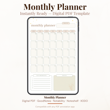Undated digital minimalist monthly planner PDF template shown on an iPad with a soft neutral beige and warm cream design featuring gold star accents and a botanical illustration, including a full monthly calendar grid with rounded day boxes in Monday through Sunday layout, a top priorities section with five numbered slots, and a notes section — compatible with GoodNotes, Notability, Noteshelf, XODO, Samsung Notes, and Kindle Scribe.