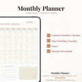 Undated digital minimalist monthly planner PDF template shown on an iPad with a soft neutral beige and warm cream design featuring gold star accents and a botanical illustration, including a full monthly calendar grid with rounded day boxes in Monday through Sunday layout, a top priorities section with five numbered slots, and a notes section — compatible with GoodNotes, Notability, Noteshelf, XODO, Samsung Notes, and Kindle Scribe.