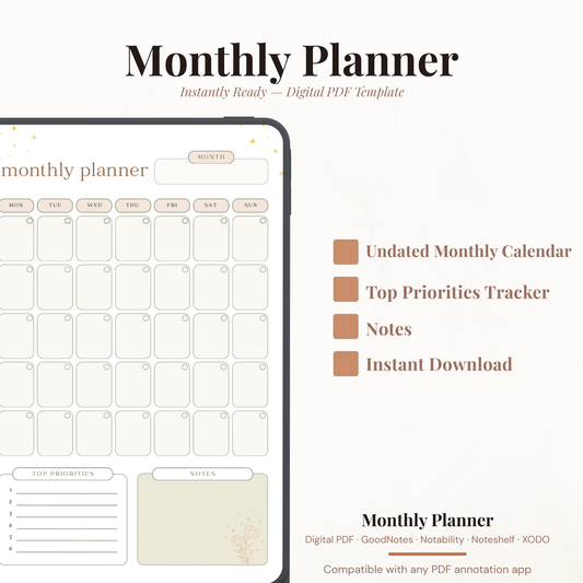 Undated digital minimalist monthly planner PDF template shown on an iPad with a soft neutral beige and warm cream design featuring gold star accents and a botanical illustration, including a full monthly calendar grid with rounded day boxes in Monday through Sunday layout, a top priorities section with five numbered slots, and a notes section — compatible with GoodNotes, Notability, Noteshelf, XODO, Samsung Notes, and Kindle Scribe.