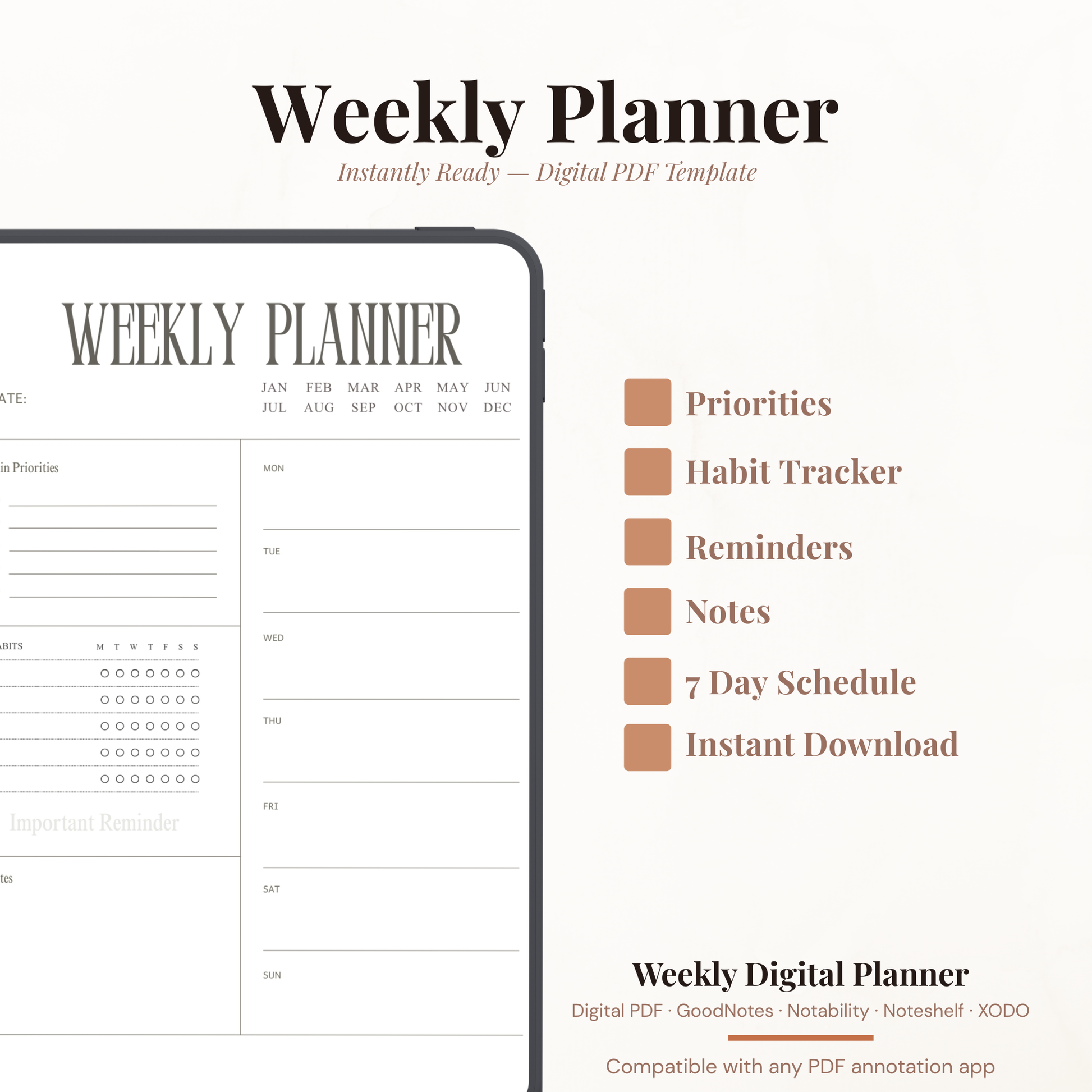 Undated Digital Weekly Planner PDF for iPad - Main Priorities Habit Tracker Important Reminder GoodNotes Instant Download