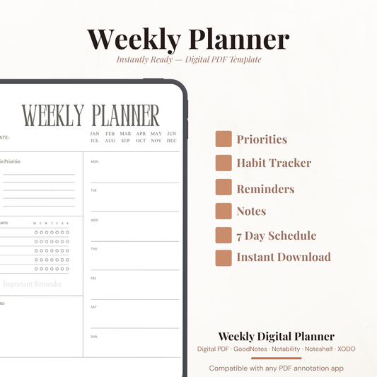 Undated Digital Weekly Planner PDF for iPad - Main Priorities Habit Tracker Important Reminder GoodNotes Instant Download