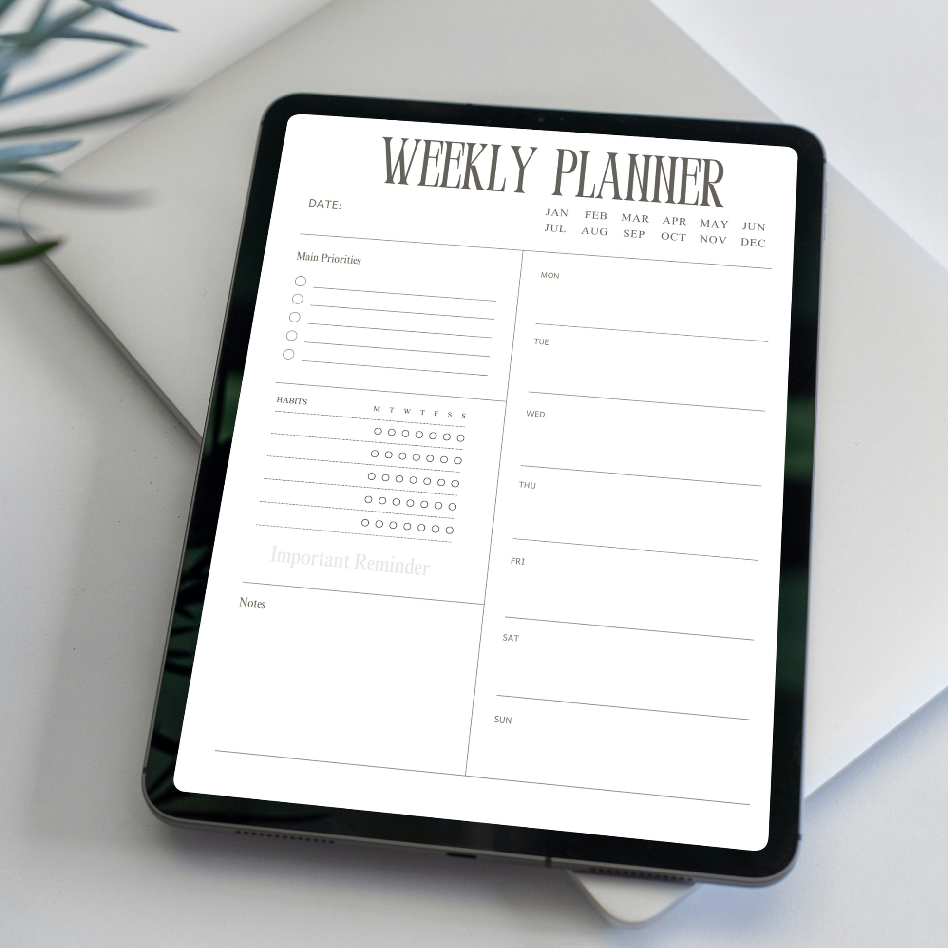 Undated Digital Weekly Planner PDF for iPad - Main Priorities Habit Tracker Important Reminder GoodNotes Instant Download