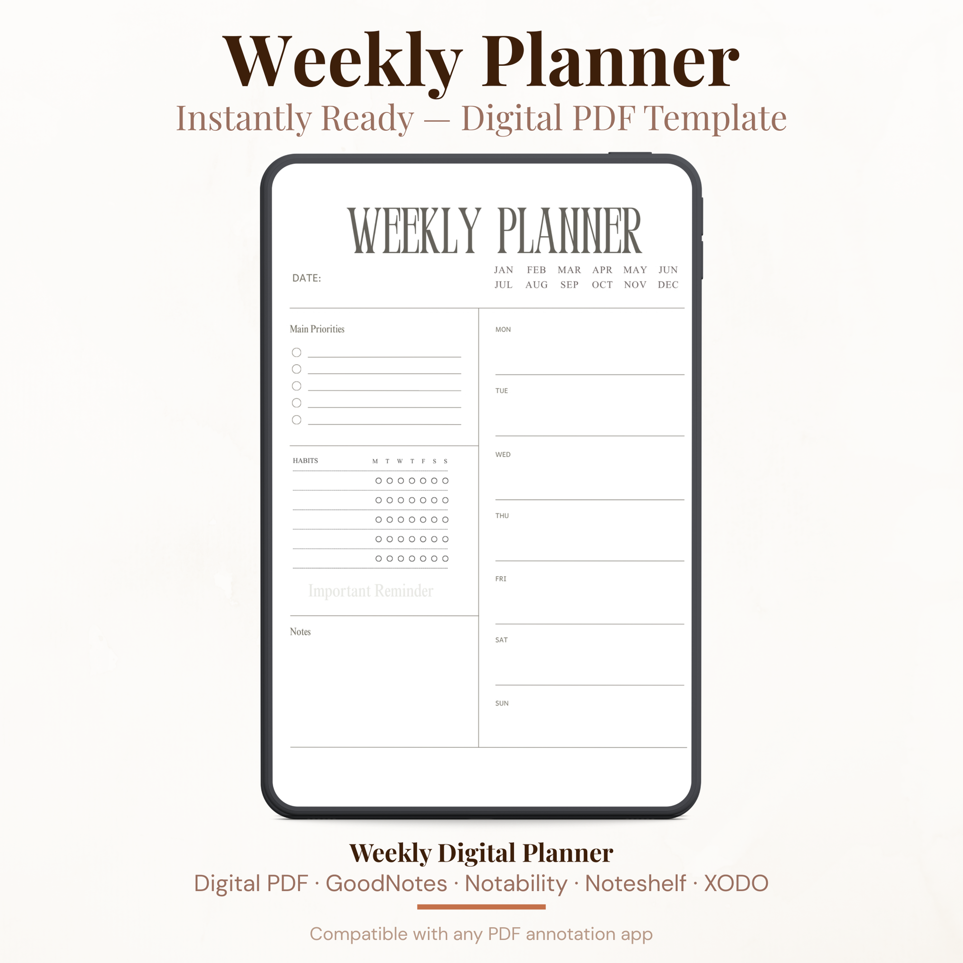 Undated Digital Weekly Planner PDF for iPad - Main Priorities Habit Tracker Important Reminder GoodNotes Instant Download