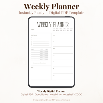 Undated Digital Weekly Planner PDF for iPad - Main Priorities Habit Tracker Important Reminder GoodNotes Instant Download