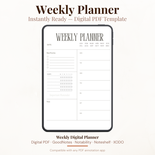 Undated Digital Weekly Planner PDF for iPad - Main Priorities Habit Tracker Important Reminder GoodNotes Instant Download