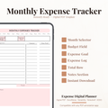Monthly expense tracker digital PDF planner shown on iPad featuring a blush pink design with month tabs from January to December, estimated budget and expenses goal fields, expense log with amount and date paid columns, total row and notes section — compatible with GoodNotes, Notability, Noteshelf and XODO