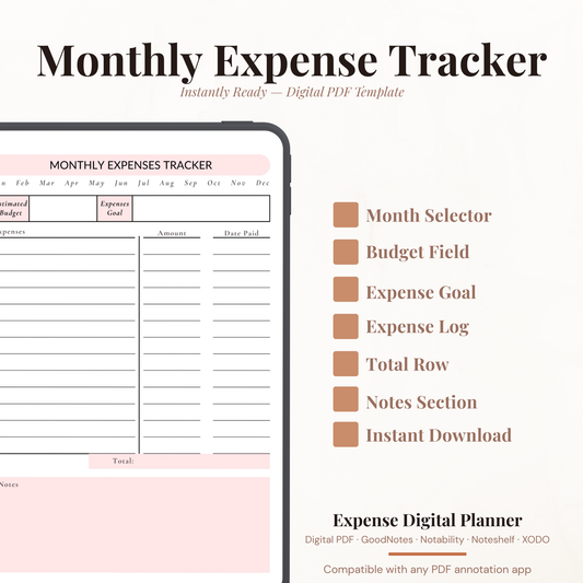 Monthly expense tracker digital PDF planner shown on iPad featuring a blush pink design with month tabs from January to December, estimated budget and expenses goal fields, expense log with amount and date paid columns, total row and notes section — compatible with GoodNotes, Notability, Noteshelf and XODO