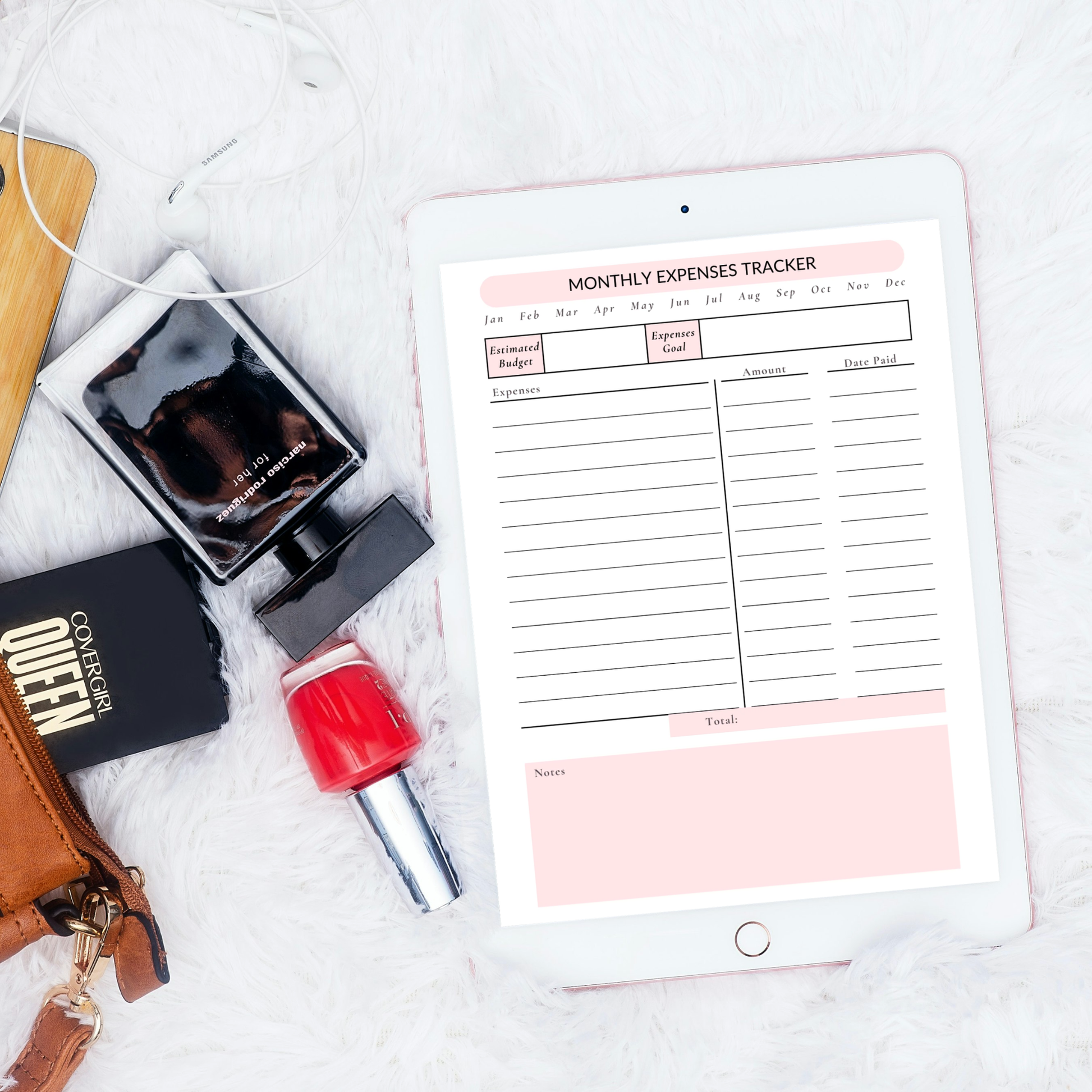Monthly expense tracker digital PDF planner shown on iPad featuring a blush pink design with month tabs from January to December, estimated budget and expenses goal fields, expense log with amount and date paid columns, total row and notes section — compatible with GoodNotes, Notability, Noteshelf and XODO