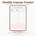 Monthly expense tracker digital PDF planner shown on iPad featuring a blush pink design with month tabs from January to December, estimated budget and expenses goal fields, expense log with amount and date paid columns, total row and notes section — compatible with GoodNotes, Notability, Noteshelf and XODO