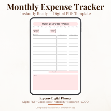 Monthly expense tracker digital PDF planner shown on iPad featuring a blush pink design with month tabs from January to December, estimated budget and expenses goal fields, expense log with amount and date paid columns, total row and notes section — compatible with GoodNotes, Notability, Noteshelf and XODO