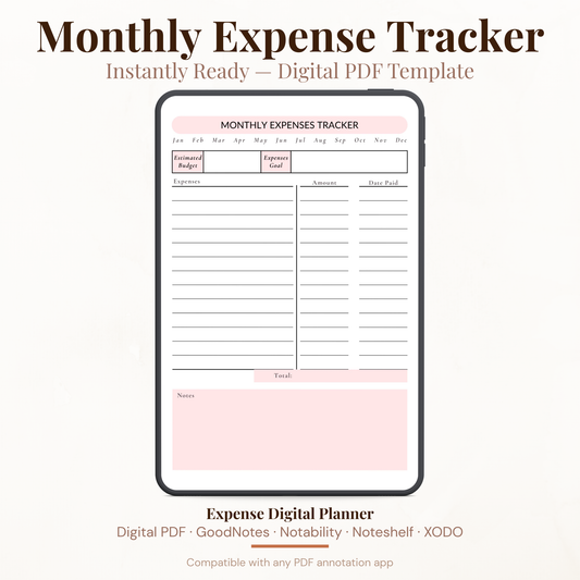 Monthly expense tracker digital PDF planner shown on iPad featuring a blush pink design with month tabs from January to December, estimated budget and expenses goal fields, expense log with amount and date paid columns, total row and notes section — compatible with GoodNotes, Notability, Noteshelf and XODO