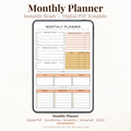 Undated digital monthly life planner PDF template shown on an iPad with a clean minimal design in peach, blush and mustard tones, featuring personal professional and financial goals sections, important events tracker, bills tracker with amount and date columns, habits stop start improve section, and a three column to do list for personal professional and financial tasks — compatible with GoodNotes, Notability, Noteshelf, XODO, Samsung Notes, and Kindle Scribe.