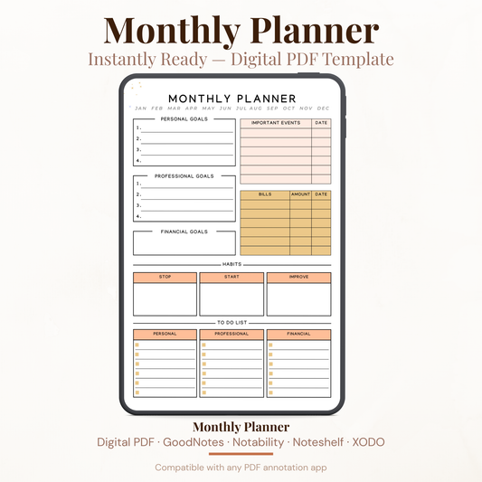 Undated digital monthly life planner PDF template shown on an iPad with a clean minimal design in peach, blush and mustard tones, featuring personal professional and financial goals sections, important events tracker, bills tracker with amount and date columns, habits stop start improve section, and a three column to do list for personal professional and financial tasks — compatible with GoodNotes, Notability, Noteshelf, XODO, Samsung Notes, and Kindle Scribe.