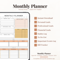 Undated digital monthly life planner PDF template shown on an iPad with a clean minimal design in peach, blush and mustard tones, featuring personal professional and financial goals sections, important events tracker, bills tracker with amount and date columns, habits stop start improve section, and a three column to do list for personal professional and financial tasks — compatible with GoodNotes, Notability, Noteshelf, XODO, Samsung Notes, and Kindle Scribe.