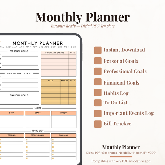 Undated digital monthly life planner PDF template shown on an iPad with a clean minimal design in peach, blush and mustard tones, featuring personal professional and financial goals sections, important events tracker, bills tracker with amount and date columns, habits stop start improve section, and a three column to do list for personal professional and financial tasks — compatible with GoodNotes, Notability, Noteshelf, XODO, Samsung Notes, and Kindle Scribe.