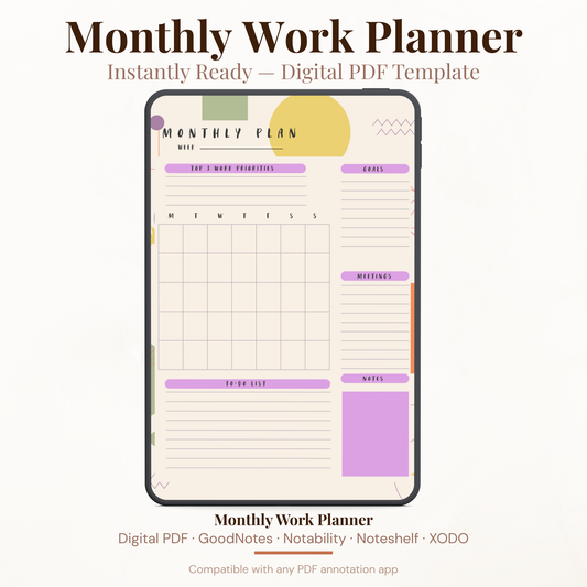 Undated digital monthly work planner PDF template shown on an iPad with a bold modern design in purple, olive green, mustard yellow and orange accents, featuring a top 3 work priorities section, monthly calendar grid, goals section, meetings tracker, to do list, and notes section — compatible with GoodNotes, Notability, Noteshelf, XODO, Samsung Notes, and Kindle Scribe.