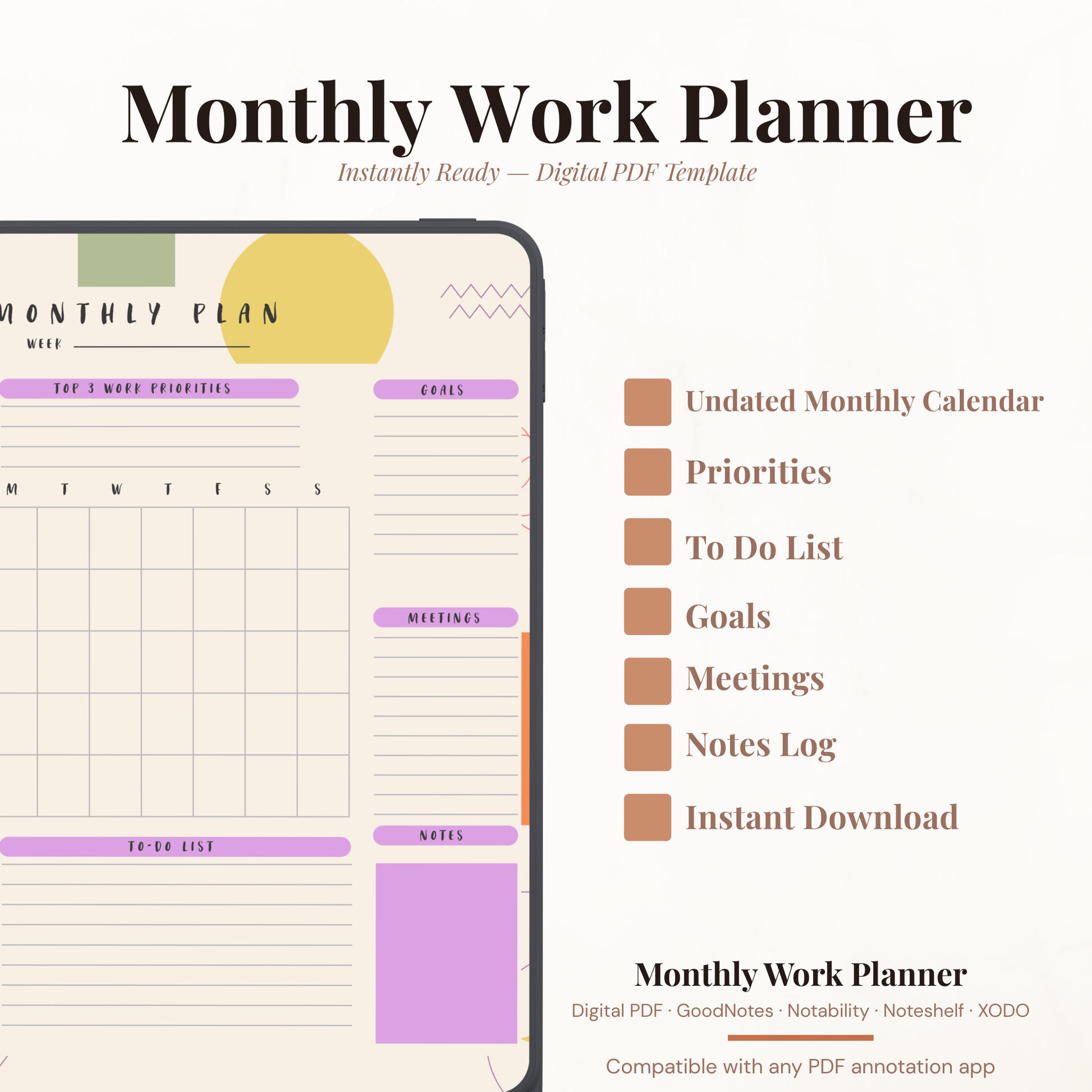 Undated digital monthly work planner PDF template shown on an iPad with a bold modern design in purple, olive green, mustard yellow and orange accents, featuring a top 3 work priorities section, monthly calendar grid, goals section, meetings tracker, to do list, and notes section — compatible with GoodNotes, Notability, Noteshelf, XODO, Samsung Notes, and Kindle Scribe.