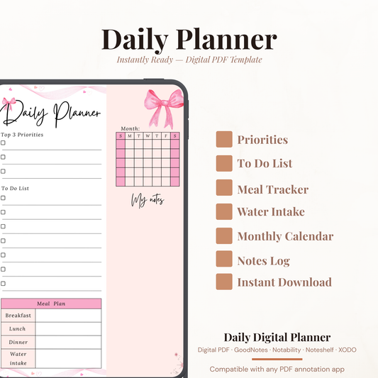 Pink bow undated digital daily planner PDF template shown on an iPad with a soft pink and floral design, featuring a top 3 priorities section, to-do list, monthly mini calendar, meal plan tracker for breakfast lunch dinner and water intake, and a notes section — compatible with GoodNotes, Notability, Noteshelf, XODO, Samsung Notes, and Kindle Scribe
