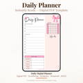 Pink bow undated digital daily planner PDF template shown on an iPad with a soft pink and floral design, featuring a top 3 priorities section, to-do list, monthly mini calendar, meal plan tracker for breakfast lunch dinner and water intake, and a notes section — compatible with GoodNotes, Notability, Noteshelf, XODO, Samsung Notes, and Kindle Scribe